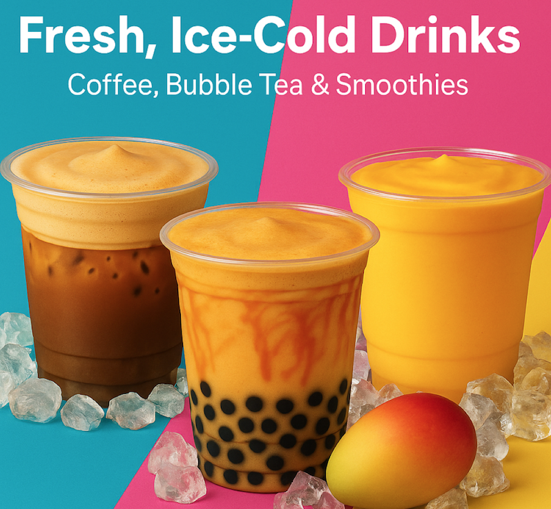 fresh iced drinks,  smoothies, boba tea, iced coffee,  milkshakes, icecreams