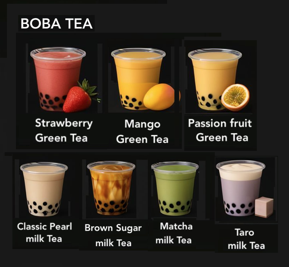 Boba tea menu met strawberry green tea, mango green tea, passion fruit green tea, classic pearl milk tea, brown sugar milk tea, matcha milk tea en taro milk tea.