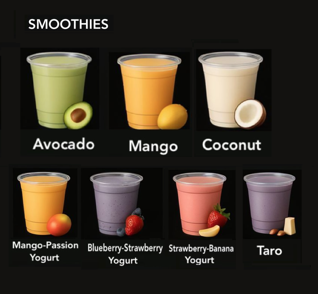 Smoothie menu met avocado, mango, coconut, mango-passion yogurt, blueberry-strawberry yogurt, strawberry-banana yogurt en taro smoothies